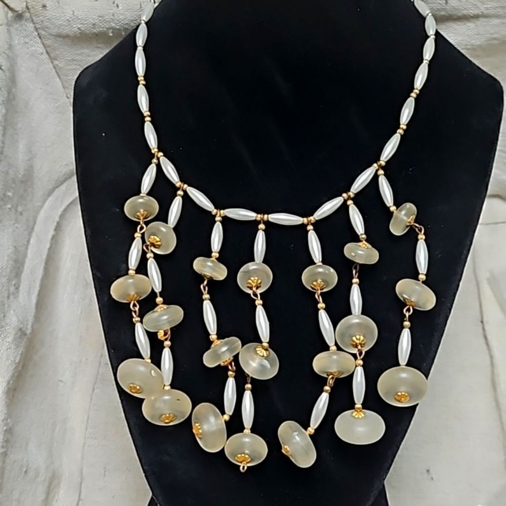 Vintage Hobe Signed Lucite Faux Pearl Waterfall MCM Bib Necklace